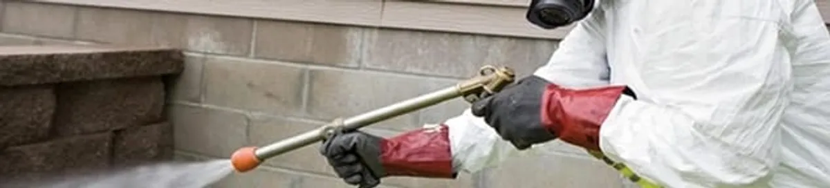 Pest control technician applying exterior insect treatment along a home foundation in Ann Arbor, MI