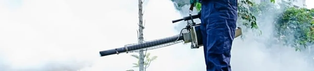 Pest control technician fogging an outdoor area for insect control in Ann Arbor, MI